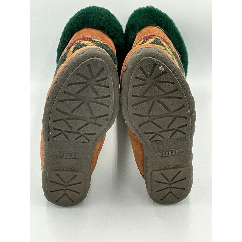 Vintage Cougar Apres Ski Boots Made In Canada Size 6 Medium Green Maroon & Tan